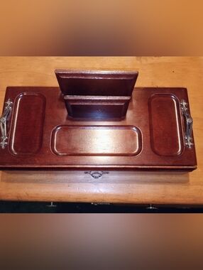 Vintage London Leather Wooden Desk Organizer in Rich Brown With Drawer.
